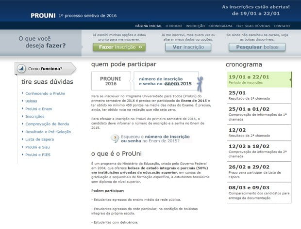 Inscrições do Prouni 2016 estão abertas