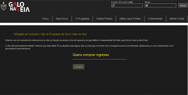 Com grande procura por ingressos, site do Galo na Veia apresenta lentidão e irrita torcedores