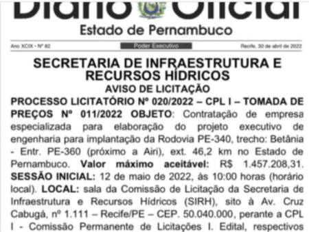 Governo de PE publica licitação da PE-340 entre Floresta e Betânia
